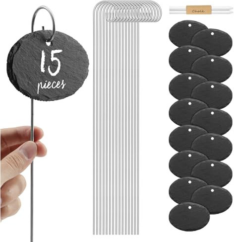 Navaris Marcadores de pizarra para plantas - Set de 15x Carteles de pizarra ovalada con 15x estaca y 2x Tiza - Etiquetas ovaladas de 10 x 7 CM para huerto semilleros