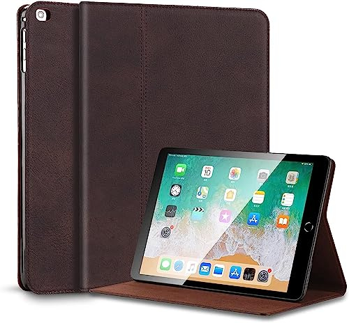 Gexmil Leder Hülle für iPad 9.7 Zoll 6./5. Gen 2018/2017,iPad Air 2./1. Gen | Premium Echtleder Cover/Flip,Auto Schlaf/Aufwachen,Schutzhülle Einstellbarer Ständer,Stoßfest,Mattbraun