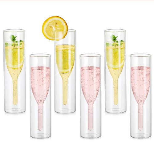Set di 6 calici da champagne senza stelo, bicchieri da prosecco a doppia parete, bicchieri da vino classici, calici a tulipano, bicchieri in vetro soffiato a mano, bicchieri da tostatura per matrimoni