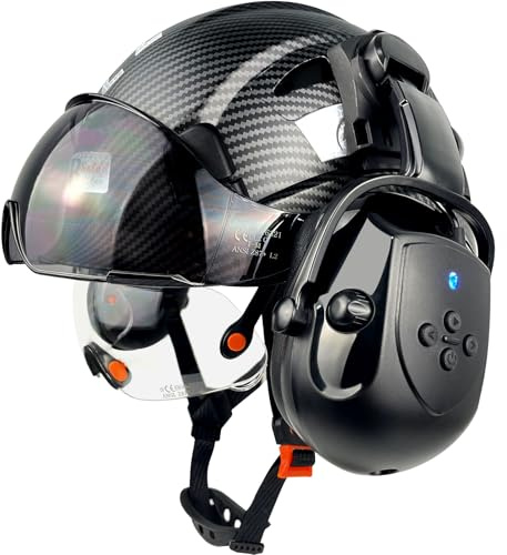 SAFEBUILDER Safety Helmet with Visor,Bluetooth Ear Muffs SNR 26dB,Hard Hat with Visors Mounted Ear muff,OSHA Hardhats Vented (01-Matte Black Hat Wtih Clear&Tinted Visor& Bluetooth Ear Muffs)