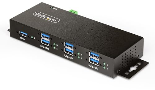 StarTech 7-Port Managed USB Hub 5Gbit/s, ESD-Schutz (5G7AINDRM-USB-A-HUB) | Metall-Industriegehäuse, Wand-/Tisch-/DIN-Schienenmontage, Überspannungsschutz, USB 3.2 Gen 1, Heavy-Duty