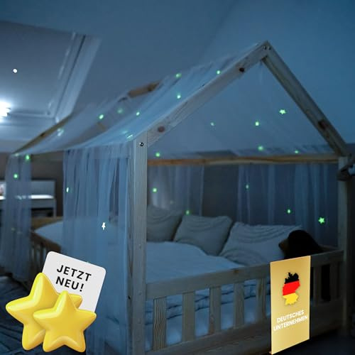 lilimaus Hausbett Himmel mit leuchtenden Sternen - Betthimmel Hausbett Deko | Geschenk Mädchen & Jungen - Himmelbett Vorhänge für 90x200 & 120x200 Kinderbetten - Leuchtsterne Kinderzimmer Deko
