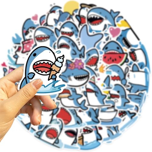 pofluany 50 Stück Cartoon-Haie-Aufkleber, wasserfest, Laptop-Aufkleber, Cartoon-Haie-Aufkleber-Set, wasserfest, PVC, DIY-Aufkleber-Set für Handy, Laptop, Skateboard, Sammelalbum, mehr Sets