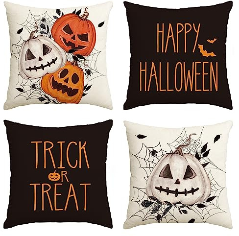 Artoid Mode Spinnennetz Jack-o'-Lantern Happy Halloween Kissenbezüge 4er Set, 45x45 cm Blätter Trick or Treat Zierkissenbezug Cushion Cover Deko