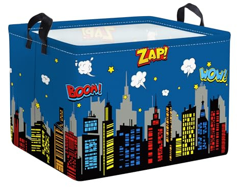 Clastyle 36L Groß Stadt Skyline Held Gebäude Aufbewahrungskorb mit Henkel Rechteckig Spielzeug Kleidung Aufbewahrungsbox für Kinderzimmer Bad