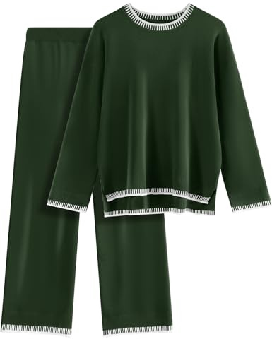 TOMEEK Zweiteiler Damen Elegant Hausanzug Damen Kuschelig Langarm Lounge Sets Strickpullover Top Weites Bein Hose Freizeitanzug Rundhalsausschnitt Outfit