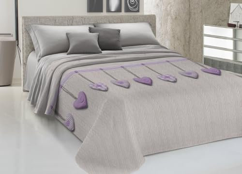 CapitanCasa Colcha de piqué ligera de verano, 100% algodón, fabricada en Italia, fantasía, corazón, colgante, matrimonial, lila