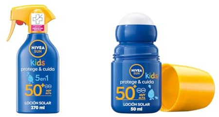 PACK NIVEA SUN Spray Solar Kids Protege & Cuida FP50+ (1 x 270 ml), protector solar para niños + NIVEA SUN Roll-On Solar Kids Protege & Cuida FP50+ (1 x 50 ml), protector solar para niños