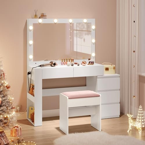 VASAGLE Kailyn Kollektion - Schminktisch mit LED-Beleuchtung, Frisiertisch mit Spiegel, Steckdosenleiste, 40 x 125 x 140 cm, Kosmetiktisch mit Schubladen, wolkenweiß RDT127W01