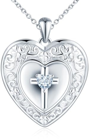 MICMIF Argento 925 Foto Medaglione Cuore con Croce Zirconia Collana Donna Ciondolo Portafoto Personalizzata, Collana Locket Vinatge Apribile per 2 Foto, Catena 45+5cm per Donne Ragazze Mamma