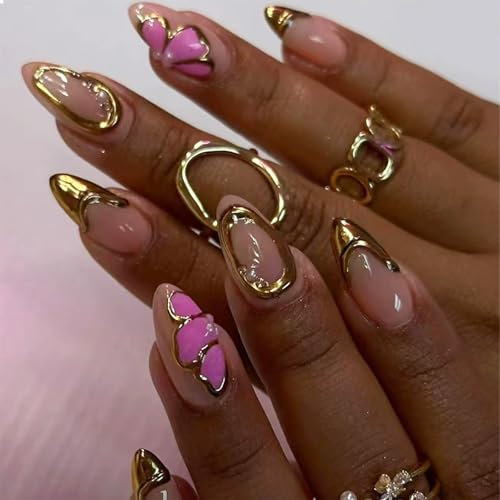 GlamRays Faux ongles à presser 3D en forme d'amande moyens faits à la main avec breloques dorées motifs papillons roses ongles acryliques français à presser faux ongles en forme d'amande