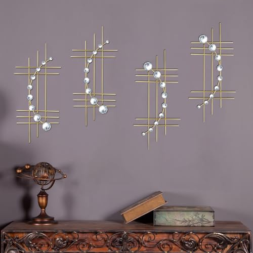 ZEXUIRU Wandskulptur aus Metall, glitzernd, Kristall, Wanddekoration, Strass, Diamant, Eisen, abstrakte Wandskulptur, 61 x 30 cm, goldfarben, 4 Stück