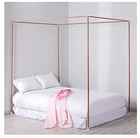 Betthimmel aus Edelstahl mit Holzmaserung, Moskitonetz-Halterung, einfache Installation, Viereck-Bettpfosten für 150 cm Matratze, Moskitonetzhalter