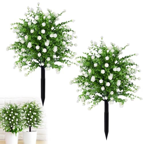 Artificial Spherical Boxwood Trees with Flowers, Outdoor Fake Plants with Ground Spike, Faux Greenery Shrubs Faux Plants for Front Door, Garden, Yard, Patio & Porch Decor (White,2pcs)