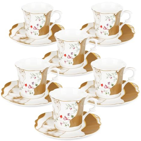 fanquare tazzina e piattino da 80 ml, set di 12 tazze da caffè espresso in ceramica 6, tazze da caffè espresso con motivo marmo marrone per il bar di casa