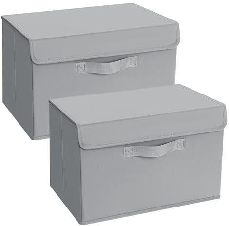 DIMJ Aufbewahrungsboxen mit Deckel, Faltbare Aufbewahrungskiste mit Griff, Aufbewahrungskorb Stoff, Ordnungsboxen Kleiderschrank Organizer, Faltbox für Kleidung, 2 Stück, Klassisches Grau