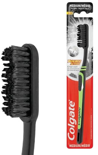 Colgate Lot de 12 brosses à dents au charbon actif moyen pour adultes | Double action avec poils en V et nettoyage de la langue | Brosse à dents manuelle blanchissante douce et efficace
