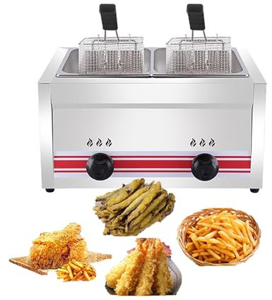BOOZXCV Commercial Single/Double-cylinder Gas Deep Fryer, 10L/20L/30L Stainless Steel, Independent Fire, Dual Tank, Twin Basket, Countertop for French Fries Home Kitche ((Double)
