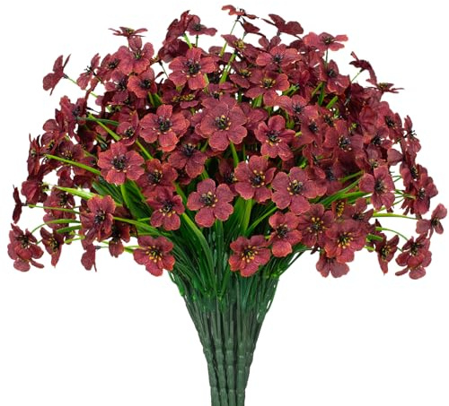 15 Bundles Artificial Flowers UV Resistant Outdoor Plants No Fade Faux Plastic Shrubs Fake Silk Flowers Window Box Garden Porch Home Decoration (Wine Red)