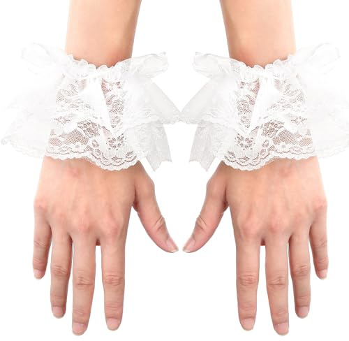 Hpmjz 2 Pairs Lace Gloves Ruffled Floral Wrist Cuff Short Lace Elastic Bracelet Wedding Bridal Prom Gloves for Halloween Party(White)