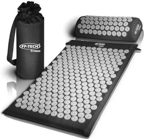 FP-TECH Fitness Tappetino per Agopressione con Cuscino Ergonomico – Set Massaggio Antistress per Schiena e Collo – Cotone Naturale, con Borsa da Trasporto – Relax e Sollievo Dolori (Nero)