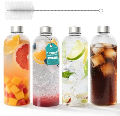 ACXIN 4er Set Glas Trinkflaschen 1000ml aus Borosilikatglas Wasserflaschen mit Edelstahldeckel & Reinigungsbürste spülmaschinenfest, hitzebeständig & auslaufsicher für Büro & Zuhause