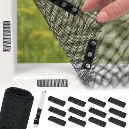 BUZIFU Fly Screen for Windows with Magnetic Fastening, Fiberglass Screen Mesh Window Adjustable DIY Max 150 x 500cm, Attach Mosquito net with 12 Magnets - No Drilling or Screwing (Black)