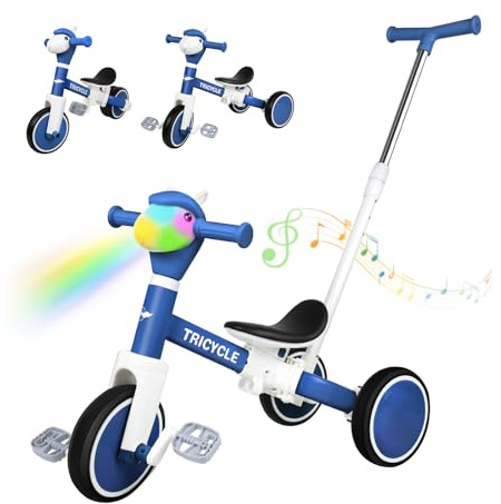 Tricycle for Toddlers 1-3 Year Olds, 5 in 1 Toddler Balance Bike 2-4 Years Old Boys Girls, Push Trike Toys with Adjustable Handle, Birthday Gifts for 2 3 4 5 Year Old Kids Bike (Blue)