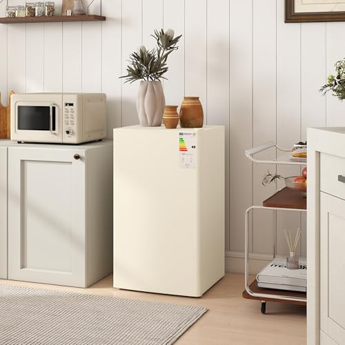 Mini Fridge Skincare Refrigerator Portable 91L with 0-10℃ Temperature Control, Adjustable Shelves, Salad Drawer, Chill Box, Quiet Under Counter Design for Bedroom, Dorm & Beauty Products (Beige)