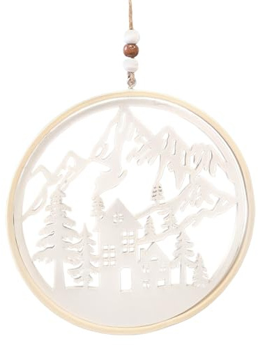 Holz Deko-Ring Winter: Türkranz Weihnachten, Winterdeko, Weihnachtsanhänger Häuser & Berge, Weihnachtlicher Anhänger Tür, Wand & Fenster, Weihnachtliche Deko, Holzanhänger, Weiß & Natur, Ø 15,5 cm