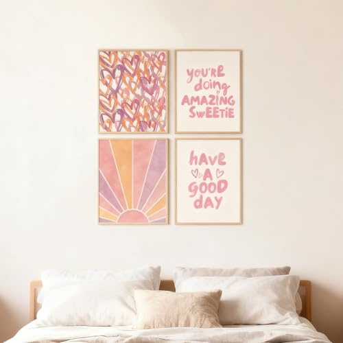 Shuqio 4er Set Ästhetische Rosa Wandbilder & Kunstdrucke, Pastellfarbene Motive (Herzen, Sonnenstrahlen) für Wohnzimmer & Schlafzimmer, Ästhetik Deko Ohne Rahmen (30x40 cm)