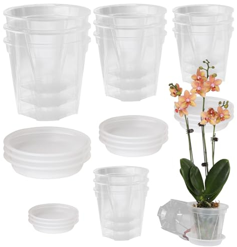 12Pcs Clear Orchid Pot, 12/14/15/16cm Plastic Plant Pots with Drainage Holes and Saucers, Small Flower Seedling Nursery Pots for Potting Orchids Seed Cutting Succulents Indoor Outdoor Plants