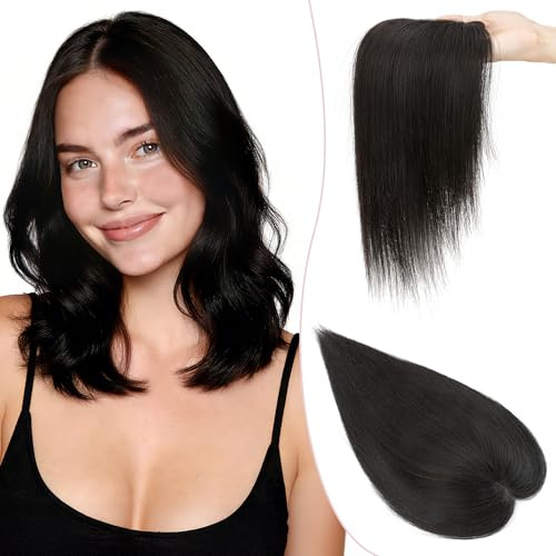 SEGO Pro Haarteil Topper Remy Echthaar Clip in Extensions Toupet mit Side Bangs Haarverlängerung Pony Toupee Frauen mit 3 Clips 35 cm # 1B