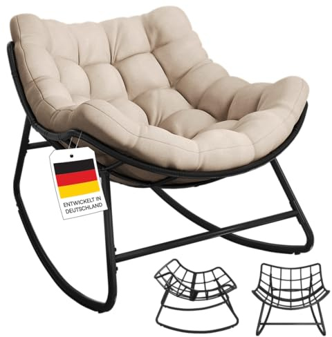 STEELSØN Veldora XXL Schaukelstuhl, Beige, Polyrattan, bis 125 kg, Outdoor | Schaukelsessel Indoor, ergonomischer Gartensessel gepolstert, handgeflochten, wetterfest & rutschfest, Loungesessel, Garten