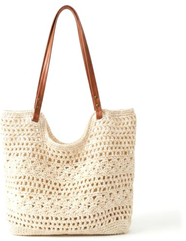 Striegro virkad tygväska, andningsbar vävd strandväska, lätt sommarväska för kvinnor daglig användning, beige.., BEIgE, En storlek