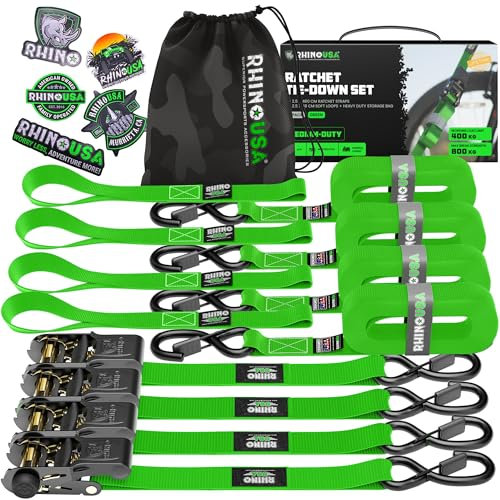 Rhino USA Ratchet Straps Tie Downs (4-Pack) - 2.5cm x 4.6m (800kg Break Strength) - Ultimate Tie Down Straps with Safety S Hooks - Premium Straps for Trucks, Cargo, Moving, Appliances - Green