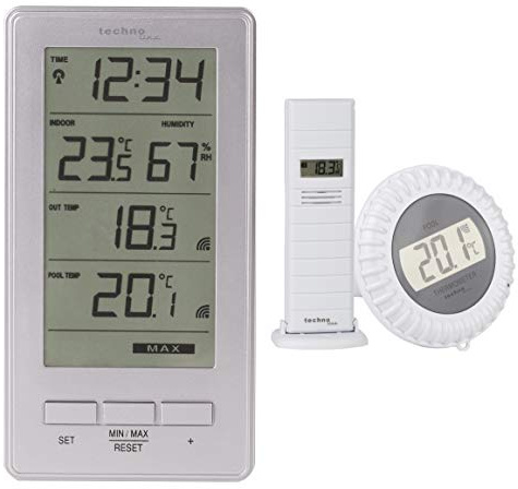 Technoline WS9069 trådlös poolsensor inklusive utomhussändare och station, inomhustemperatur, utomhustemperatur, inomhusfuktighet, vattentemperatur, för pool, damm, utomhusområde