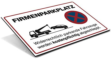Schild Firmenparkplatz mit Abschlepp-Piktogramm – Parkverbotsschild für widerrechtliches Parken – wetterfestes Alu-Verbund Warnschild (300 x 200 x 4 mm | Weiß) | Wetterfestes Alu-Verbund Warnschild in Weiß. Ideal als Parkverbotsschild für widerrechtliches Parken im Außenbereich