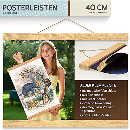 charlique® magnetische Bilderleiste aus Eiche 40 cm - easy Bilder Aufhängung mit Magnet Klemmschiene – die originale Posterleiste aus Holz vom Tischler Meister