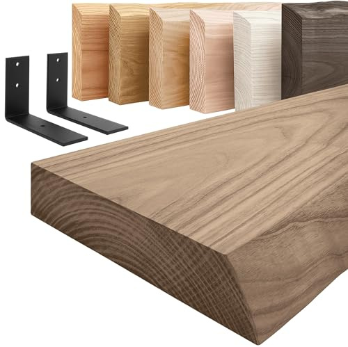 LAMO Manufaktur Holzregal mit schwarzen L-förmigen Halterungen | Wand Regal 160 cm breit für Badezimmer, Flur, Küche im Industrial-Stil | Farbe: Nussbaum, Kante: natürlich | Massivholz