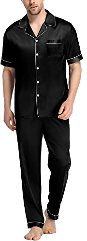SWOMOG Mens Satin Pajama Set Short Sleeve Classic Sleepwear Button Down Silky Loungewear with Long Pants Black X-Large