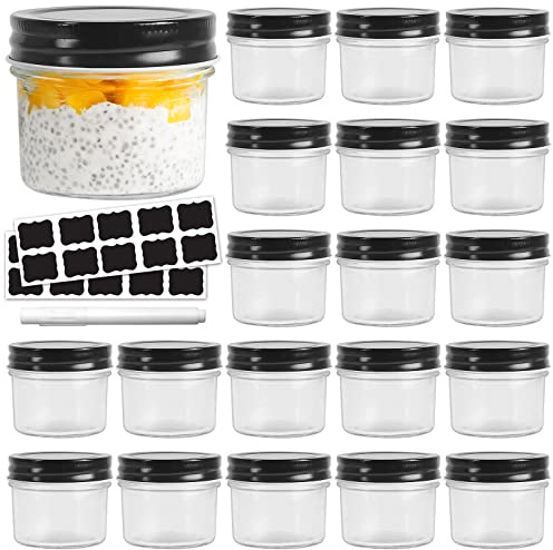 4 oz Wide Mouth Mason Jars with Black Lids,20 Pack Glass Canning Jars | 100ml Small Kitchen Storage Jar for Jams,Fruits,Jellies,Spices and Handmade desserts
