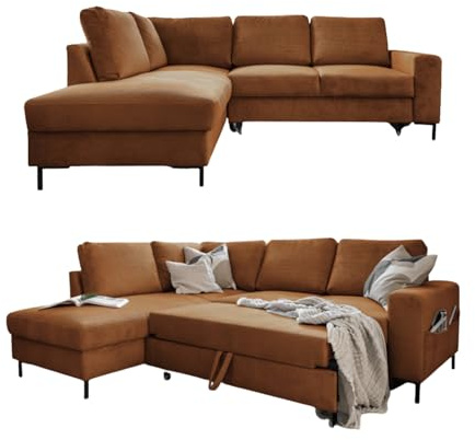 MIUFORM Lofty Lilly, 6er Ecksofa mit Schlaffunktion, Links, Ziegelrot | Kord Sofa mit Schlaffunktion, Schlafsofa mit Bettkasten, Ecksofa L-Form, 237x197x84cm, Couch mit Schlaffunktion, Sofa Bed