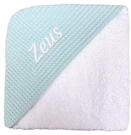 CARREDANA Capa de baño para Bebe 100% Algodon 75x75cm .Toalla de baño con Capucha suabe .Regalo recién Nacido. Multiusos.Personalizado con Nombre Bordado (Waffle Verde)