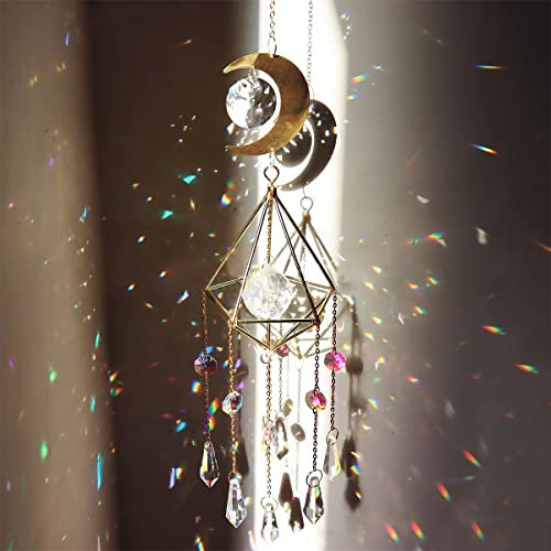 Crystal Light Catcher, Kristall Lichtfänger, Kristall Sonnenfänger Mond Windspiel Metallring Fensterdekoration Hängende Dekoration für Fenster Haus Garten Dekoration (Colorful)