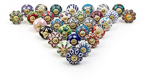RAJRANG BRINGING RAJASTHAN TO YOU Kommodenschubladen Knöpfe Packung mit 30 für Schränke und Möbel Mehrfarbige handbemalte Keramik-Knöpfe mit antikem floralen Muster für runde Schrankgriffe
