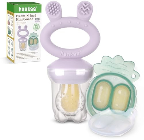 Haakaa Bebé Comedero de Frutas & Combo de mini bandejas, Moldes para Paletas de Leche Materna, Alimentador de Silicona Libre de BPA para la Auto Alimentación Segura del Bebé, 4 Meses+ -Lavanda