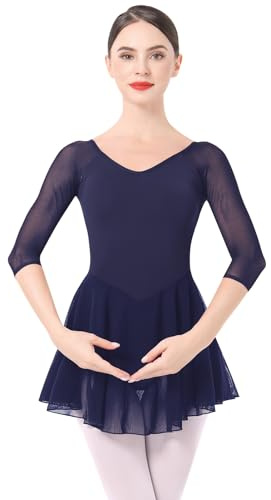 Odizli Ballettkleidung Damen 3/4 Ärmel U Rücken Ballett Body Chiffon Tütü Ballettkleid