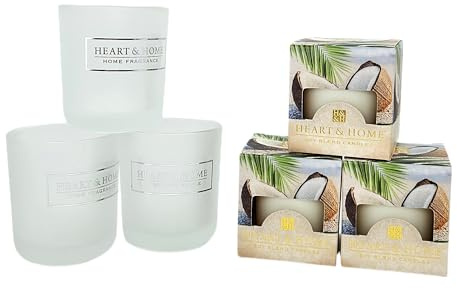 Set mini candele profumate con bicchierino in vetro, include 3 candeline da 52gr e 3 bicchierini satinati. Perfetto per un regalo speciale (Cocco- Sogno d'estate)