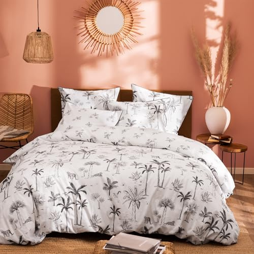MATT & ROSE Gravure Tropicale Parure de lit 2 Personnes | 100% Coton | Oeko-TEX | Housse de Couette 260x240 cm + 2 Taies d'oreiller 65x65 cm | Imprimé | Blanc/Noir